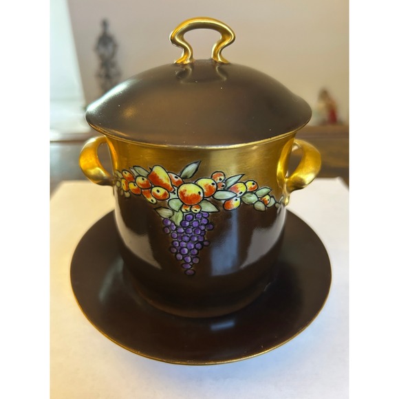 Czech Slov. Other - Vintage Czech Slov. Porcelain Condensed Milk Lidded Cup Saucer Fruit Gold Gilt